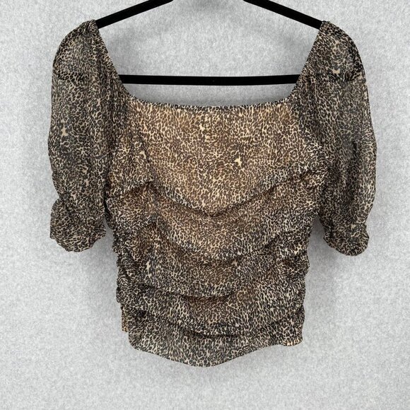 Anthropologie Womens Off-the-Shoulder Shirred Mesh Top Size XL Leopard Print NEW - Picture 3 of 12